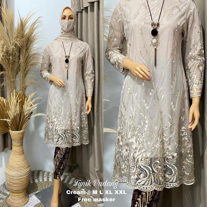 Setelan Kebaya Modern Tunik Tulle Bordir//Set Baju Kurung Brokat Rok Plisket