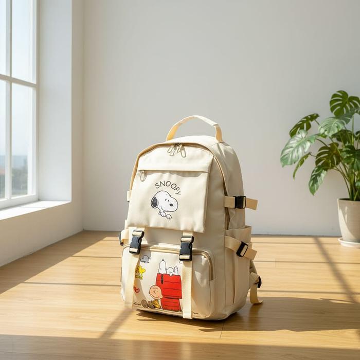 Ransel Snoopy Cream Backpack Wanita Tas Sekolah Kapasitas Besar Protextile Promo