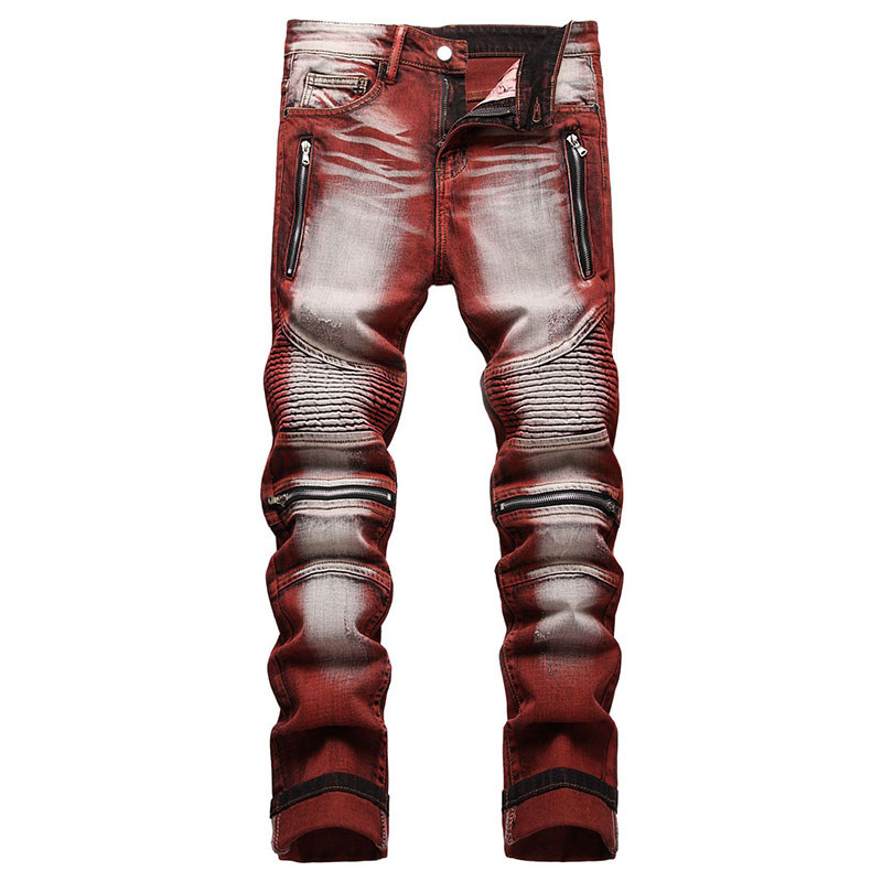 2022 High Quality Men Casual Jeans Coated Straight Pleated Biker Jeans Male Motorcycle Denim Pants