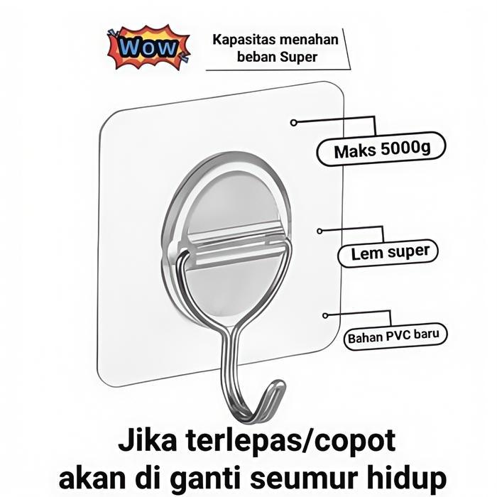 "New" 10 Buah Gantungan Tempel Transparan/Maks 5-8kg/Gantungan Tempel Hook/Gantungan Dinding Kait