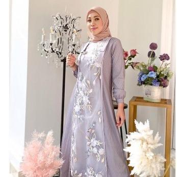 ORIGINAL Baju Gamis Cantik Wanita Brokat Aurora Mdly Dress Grey Ready stok