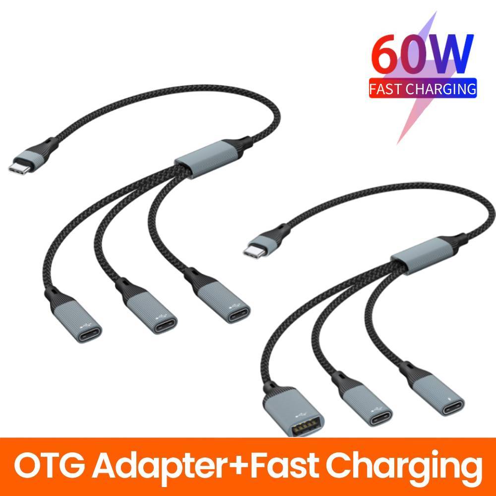 PD 60w USB C Multi Ports Adapter Cable Fast Charging Type-C Male to USB+Type C Female Splitter OTG