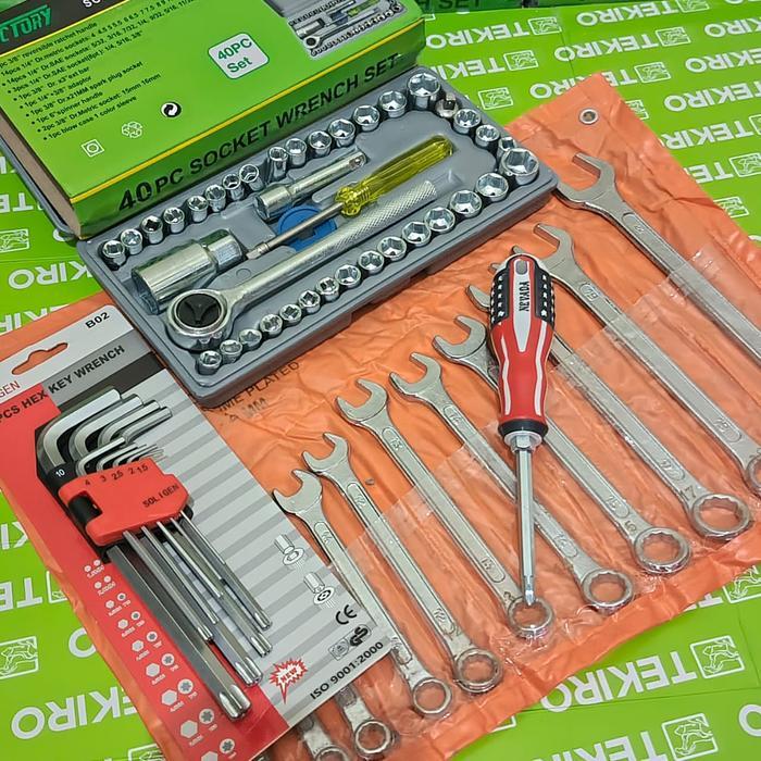 PAKET Kunci 1set lengkap / Kunci bengkel motor komplit / Kunci Shock 40 pcs/Pas Ring Set/L Set