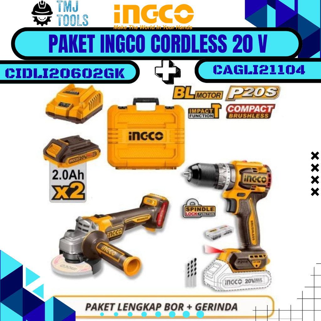 INGCO Cordless Bor Gerinda CIDLI20602GK CAGLI21104 20V Paket BRUSHLESS Mesin Bor Gerinda Portable Im