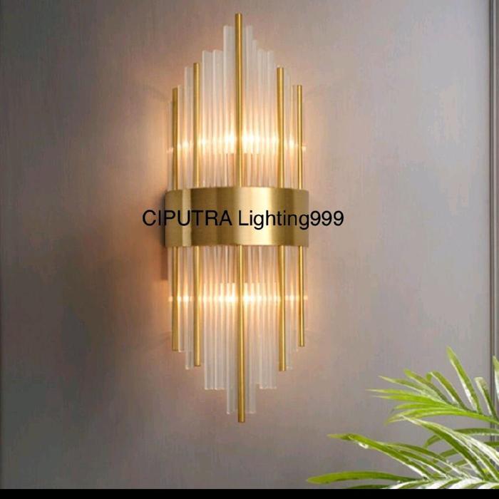 Lampu Dinding Hias Kristal Chandelier Minimalis Modern Kamar Tidur Ruang Tamu Besi Gold 2 Lampu