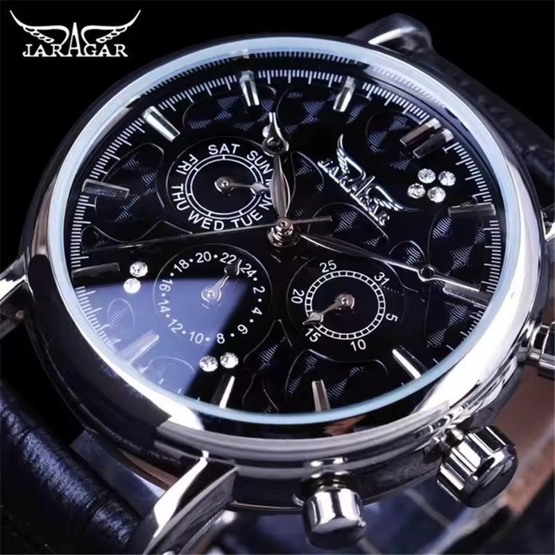 JARAGAR 348 Men's Fashion Automatic Mechanical Watch Luxury Leather Strap Waterproof Casual Business