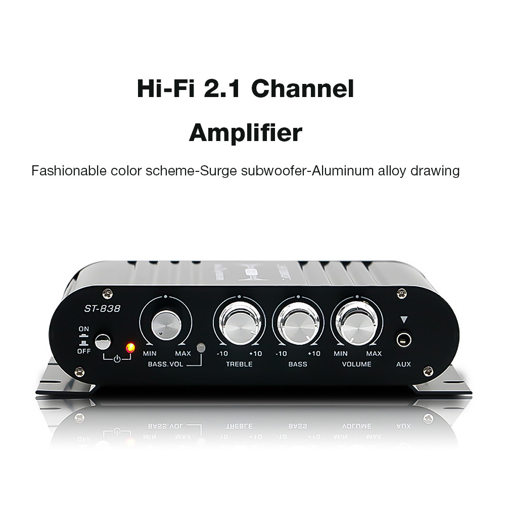 ST838 HIFI Channel 2.1 Power Mini Amplifier 80W2 Stereo Bass Treble Adjust Audio Amplifier Aluminum
