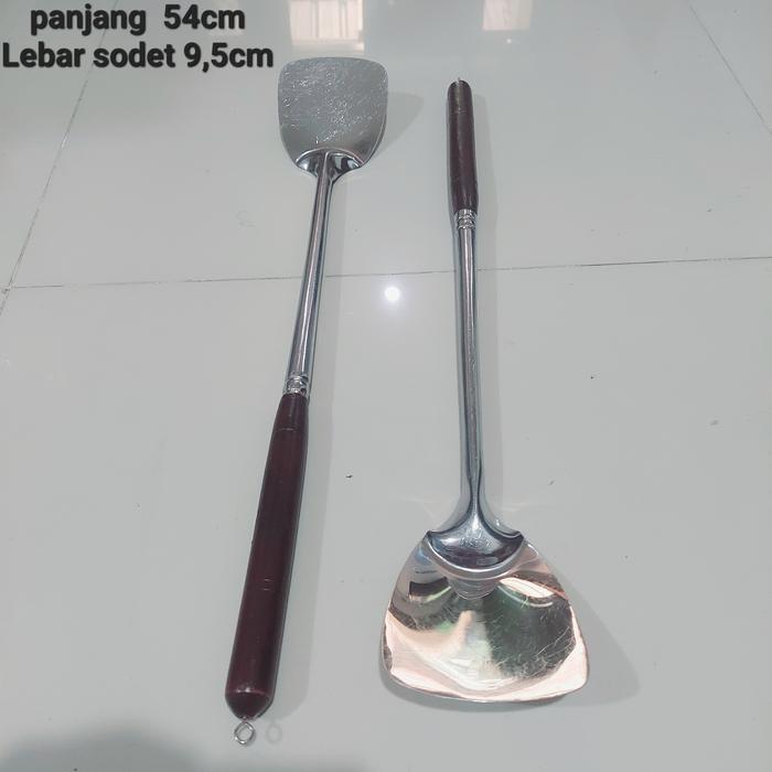 Sodet Stainless Besar Panjang Gagang Kayu/Sutil Spatula Stainless Besar Panjang Gagang Kayu/Sodet