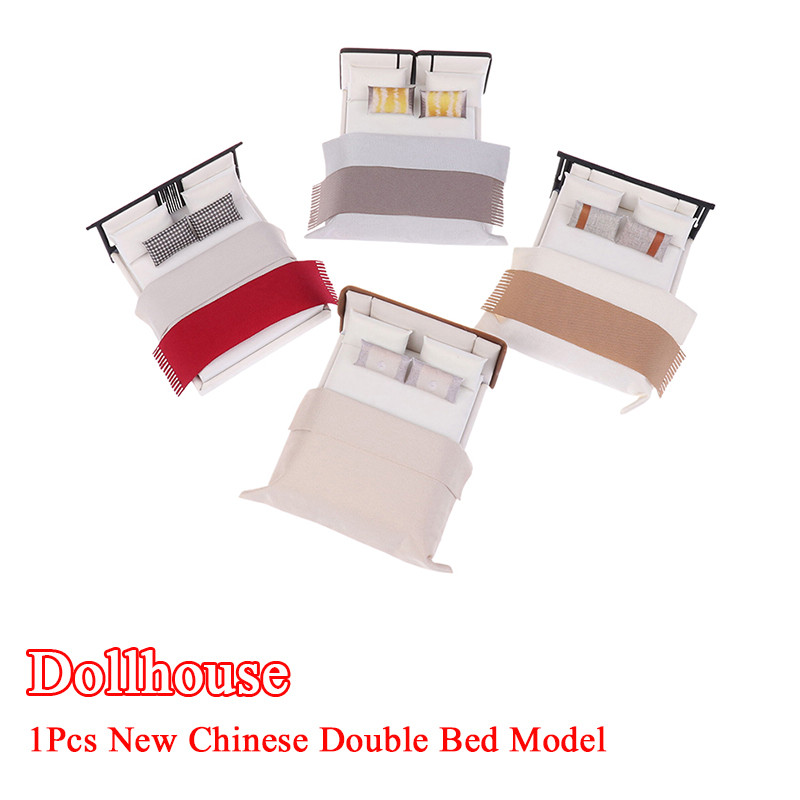 Dollhouse New Chinese Double Bed Model Micro Scene Model Miniature Furniture Dolls Accessory