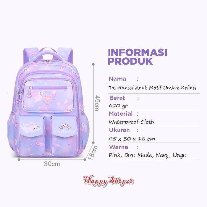 Tas Ransel Anak SD ZMBaby Motif Ombre Kelinci / Waterproof