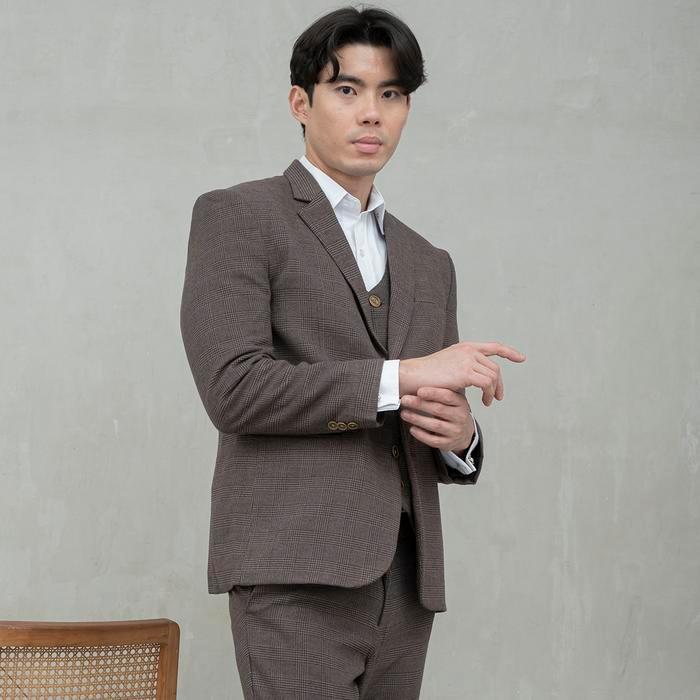 Houseofcuff Jas Celana Vest Rompi Blazer Coklat Slim Fit Motif Kotak