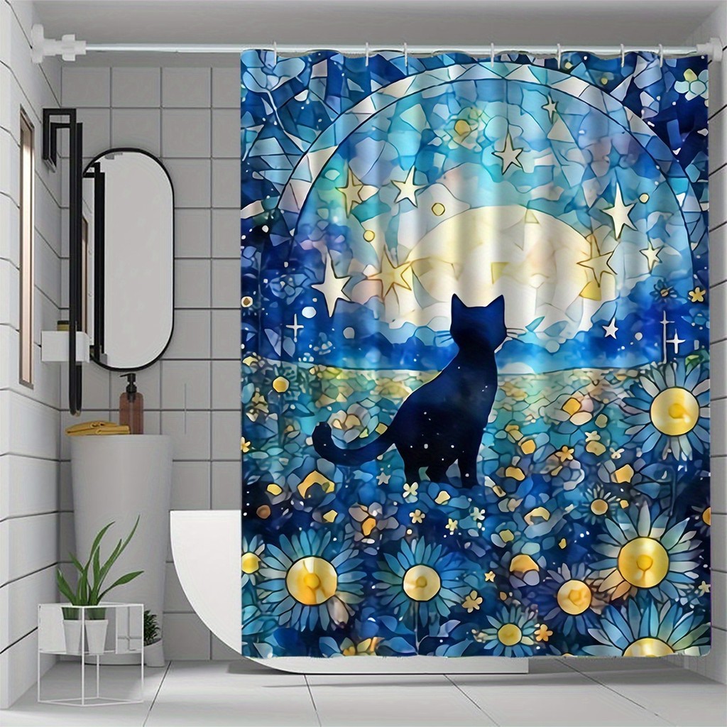 Mystical Moonlit Cat Waterproof Mildew-Resistant Shower Curtain - Enchanting Night Scene Design for