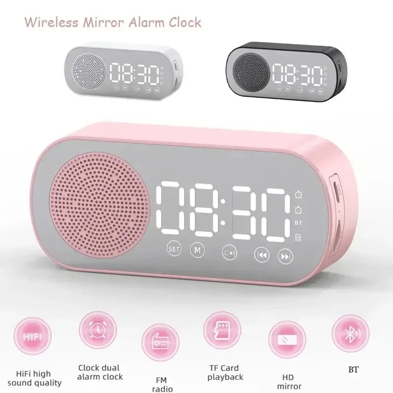 Digital Bluetooth Alarm Clock Speaker Radio with LED Mirror Display Alarm Clock bluetooth speaker