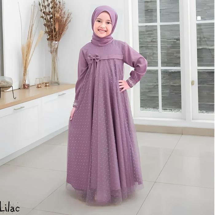 Gamis Anak Model Terbaru 2026 Crinkle Airflow Mix Tile Dot Usia 6-13 Tahun Baju Dress Muslim Brukat