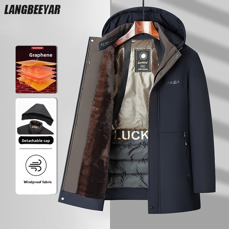 Top Grade Graphene Thermal Men's Parka Jacket Windbreaker Coats Winter Thickened Fleece Business