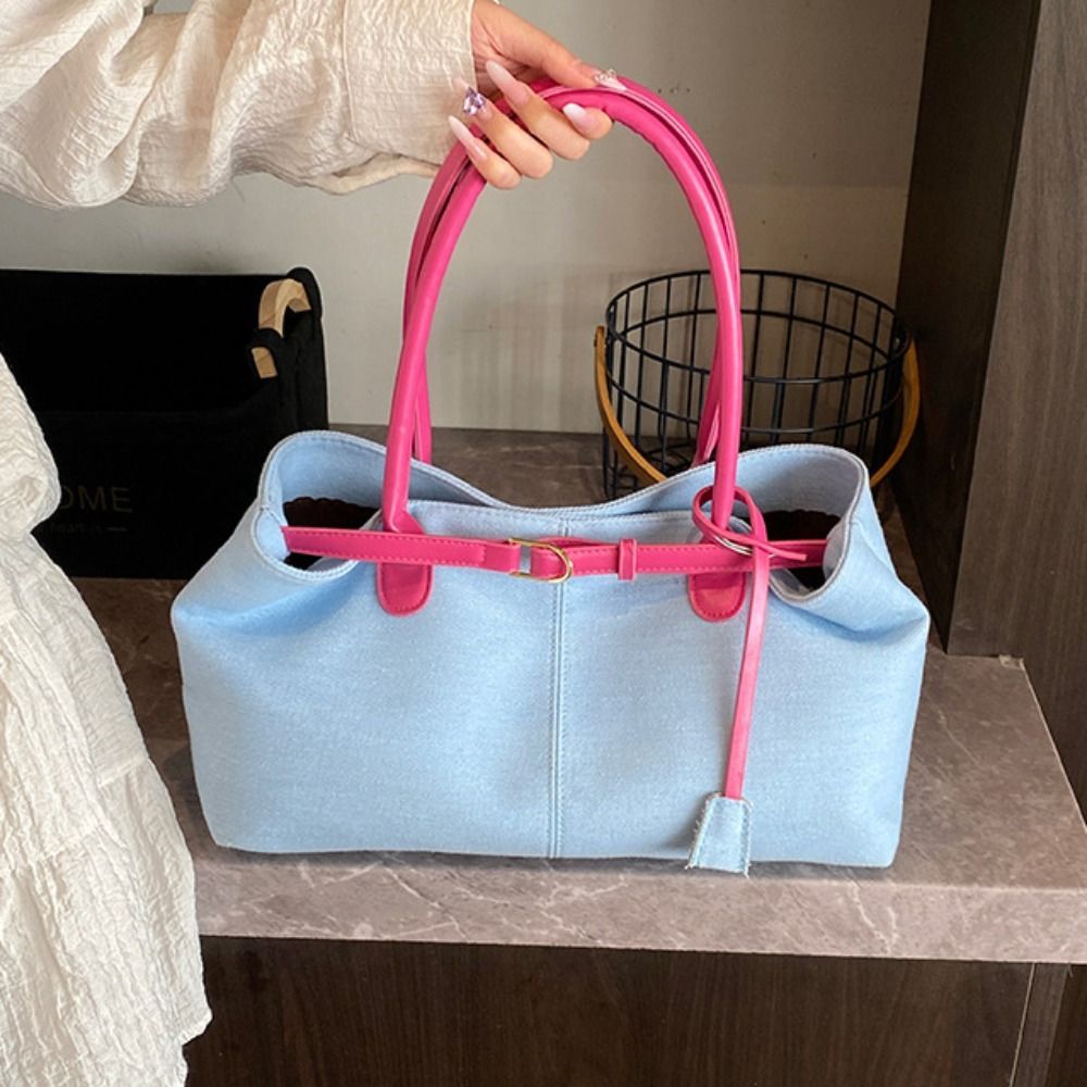 Simple Hasp Closure Denim Shoulder Bag Patchwork Color Large Capacity Vintage Armpit Bag Chic