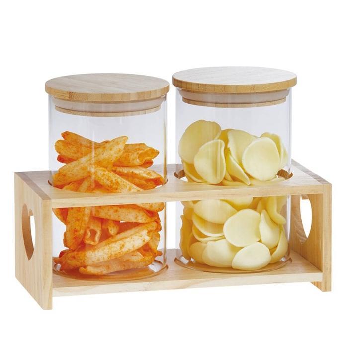 TOPLES KACA POLOS 800 ML DENGAN TUTUP KAYU DAN NAMPAN SET 2 PCS COCO