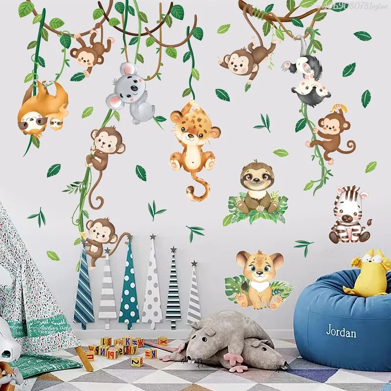 Cartoon Jungle Animal Monkeys Wall Stickers Kids Room Boys Bedroom Living Room Wall Decor Vinyl Zoo