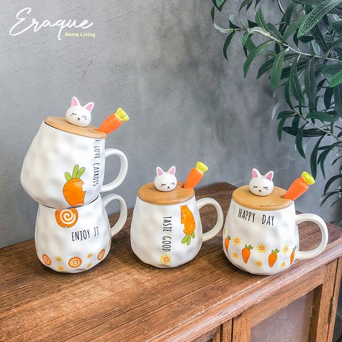 Bunny Mug Cup / Gelas Cangkir Motif Kelinci Keramik Dengan Tutup Kayu Lucu Imut