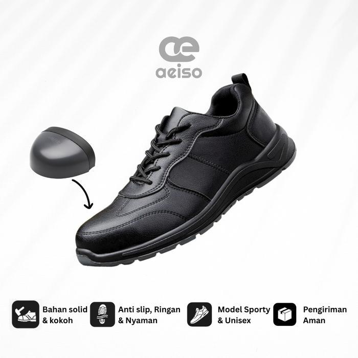 Ada Aeiso Sepatu Safety Shoes Hitam Anti Smash Waterproof Ujung Besi Safety Boots V8 Model Sporty