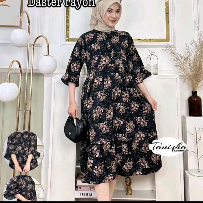 Daster rayon twill premium full motif bunga lengan 3/4