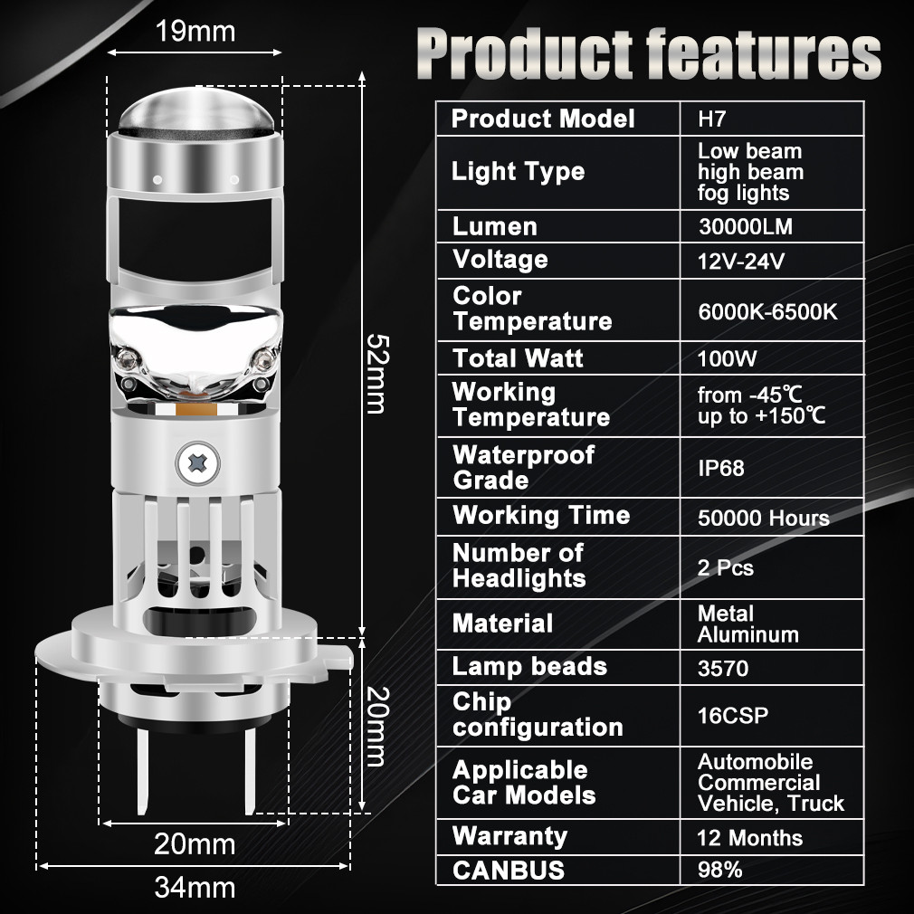 XSTORM H7 LED Projector Lens 100W 30000LM double Lens H7 Headlight Canbus Car H4 Led Light Bulbs