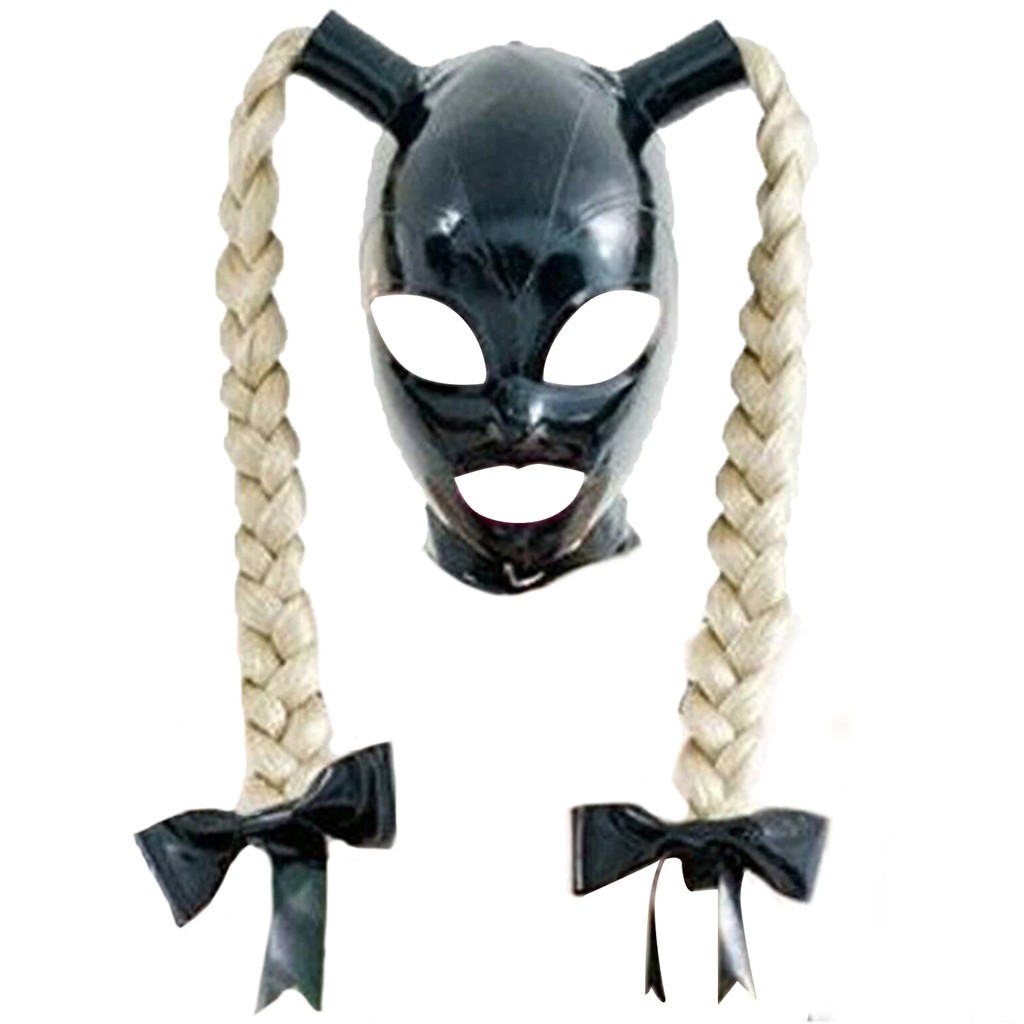 Black Latex Hood Mask with Braid Wig Bow Open Eyes Mouth Cover for Party Night Club Unisex Men Women