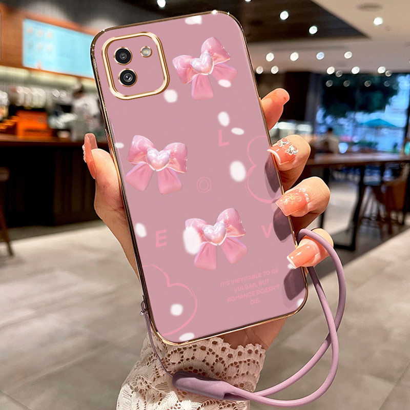 Casing Hp Untuk Samsung Galaxy A03 A03s A03 Core Case Bow Pink pelapisan elektro Cesing silikon Kasi