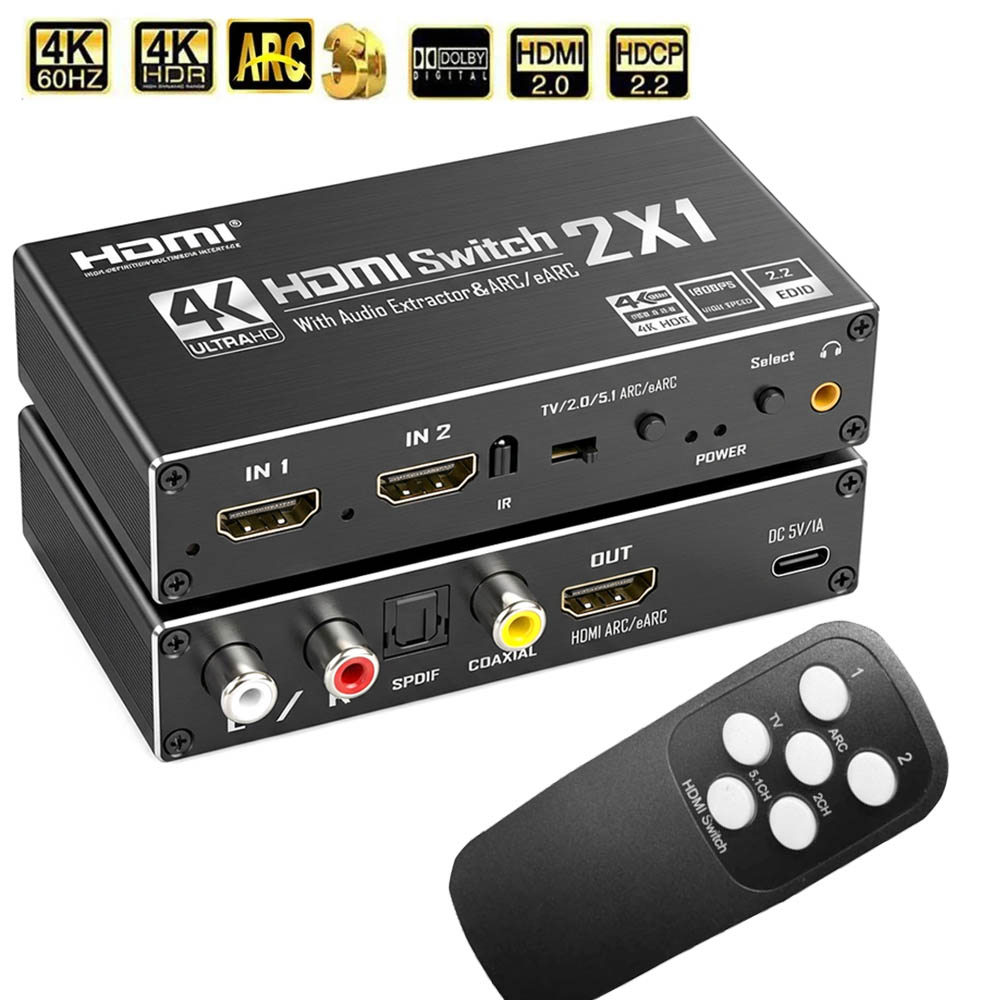 HDMI Switch With Audio extractor 4K 60Hz HDMI Audio Splitter 2 in 1 out HDMI to Coaxial+toslink