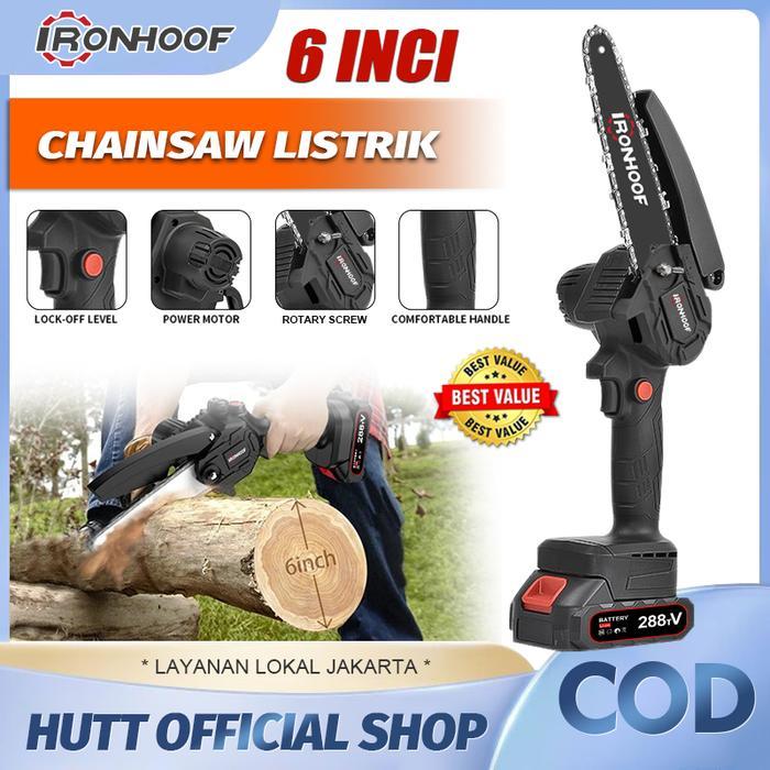 Krisbow Modern - Ironhoof 6 Inci Cordless Chainsaw Mesin Gergaji Listrik Kayu Portable
