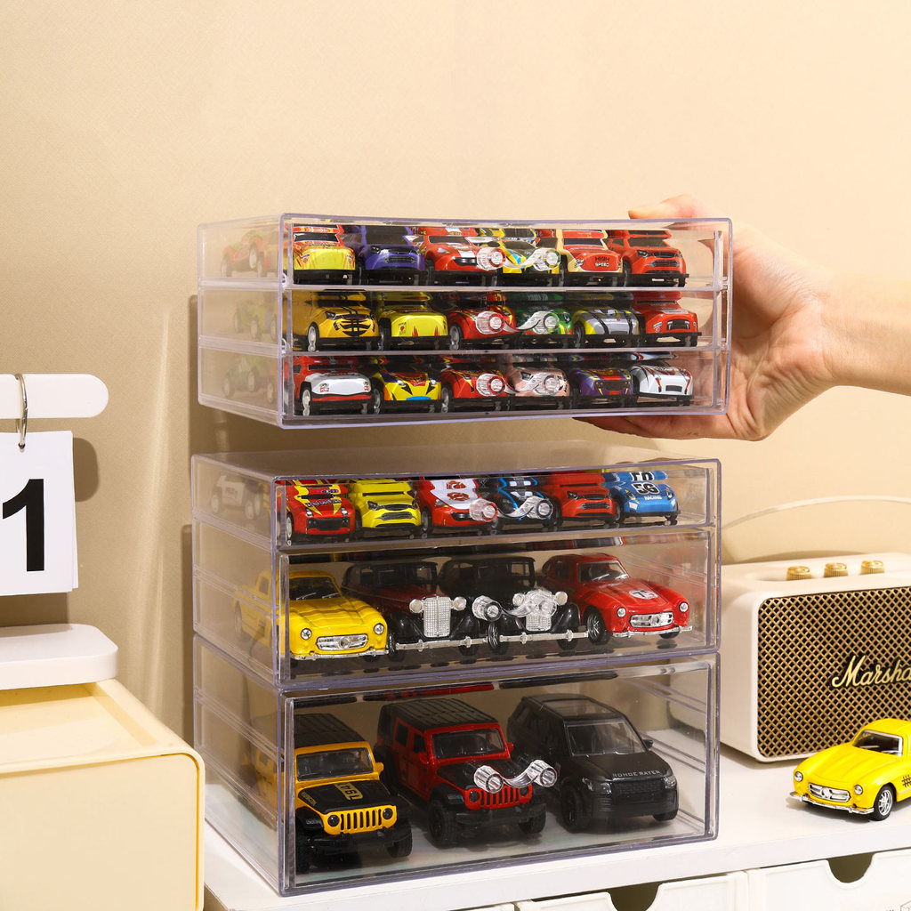 1pc Stackable Toy Car Storage Box Drawer Desktop Car Model Toy Organizer Acrylic Transparent