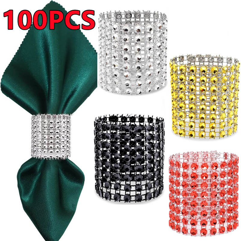 Baru 100/50/30 Buah Cincin Serbet Berlian Imitasi Dekorasi Bling Makan Malam Pernikahan Elegan Emas 