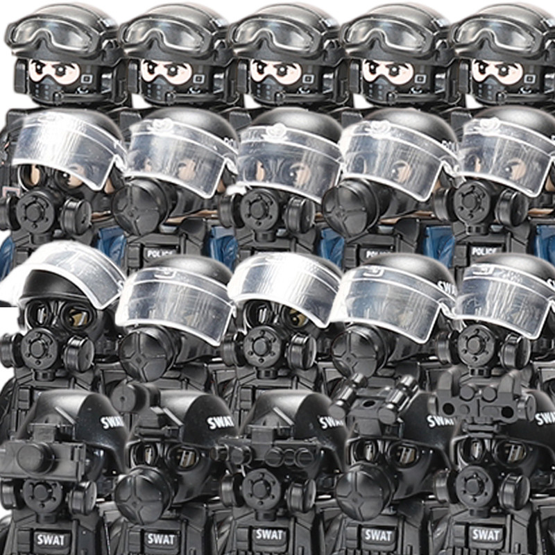 Police Special Forces Building Assault Soldier Swat Figures Gas Defense Mask Military Weapons Bricks