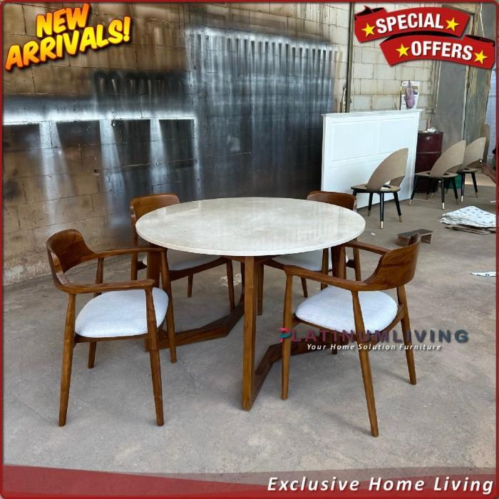 Meja Makan Marmer Bulat 4 Kursi Meja Makan Jati Top Table Marmer Asli Furniture Kayu - Meja saja