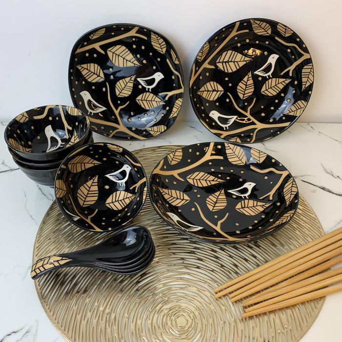 Set Makan Luxury Motif Daun Black Gold 15pc Piring Mangkuk Sup Keramik