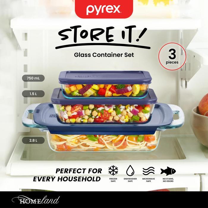 ORIGINAL PYREX Easy Grab Loyang Kaca dengan Tutup Plastik / Kotak Makan Kaca Kedap Udara BPA Free
