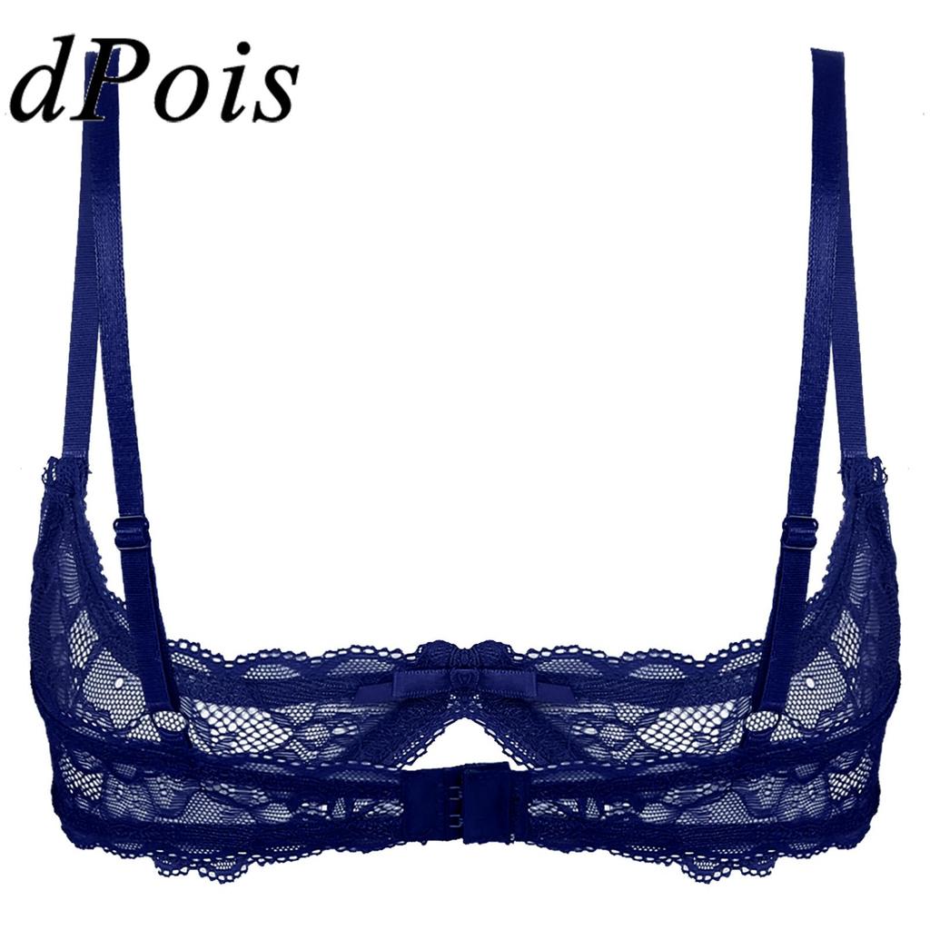 Women Lingerie See Through Sheer Lace Bra Top 1/4 Cu Adjustable Spaghetti Shoulder Stra Push Up