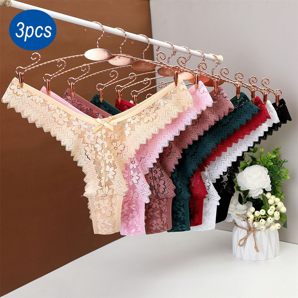 3Pc T Back Woman Thong Panty Mid Waist Lace Panties Transparent Underwear "V-Shape" Girls Erotic