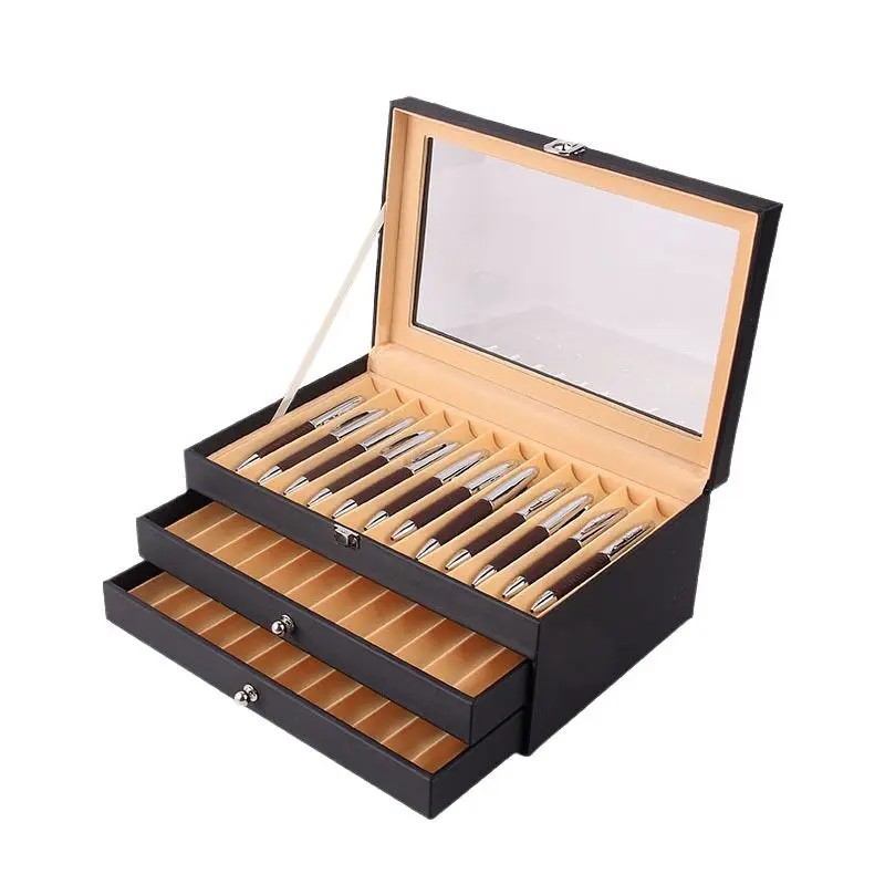 36 Slots Pen Display Box Leather Flannel Pen Organizer Box, Glass Window Pen Display Case Storage
