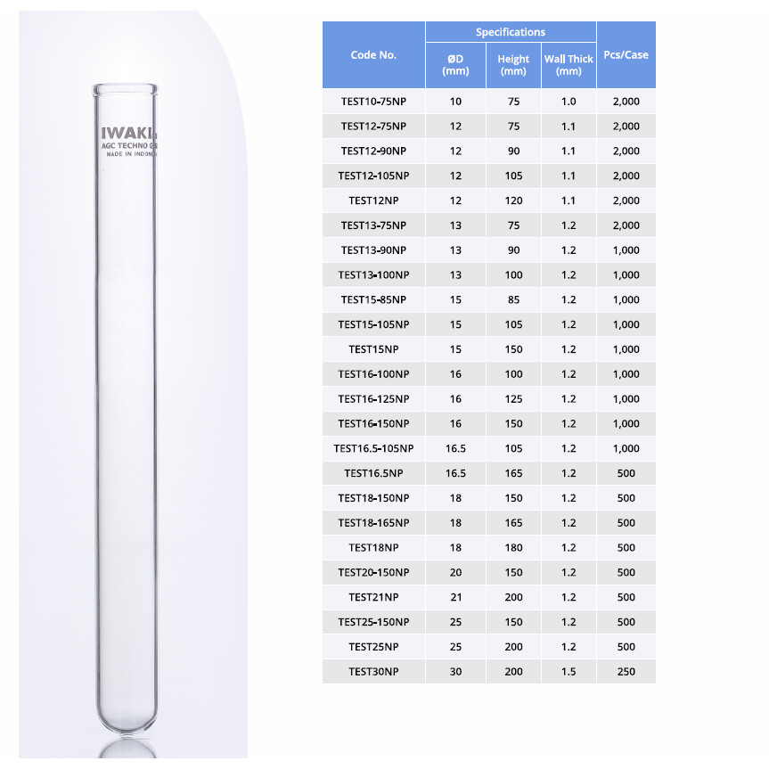 Test Tube With Rim 12 x 75 mm Merk Iwaki Original Code Number TEST12-75NP