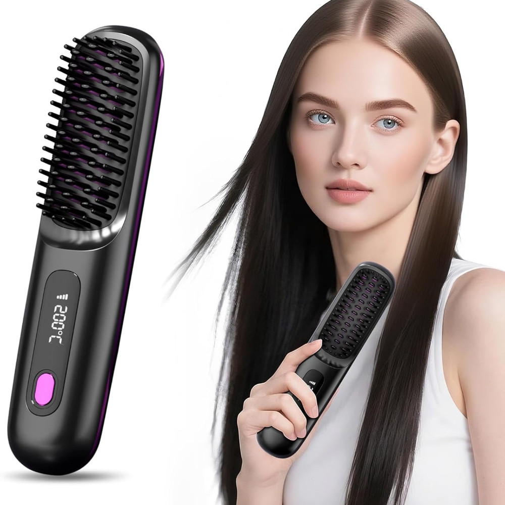 Hair Straightener Brush with LCD Display Cordless USB Charging Straightener Portable Mini