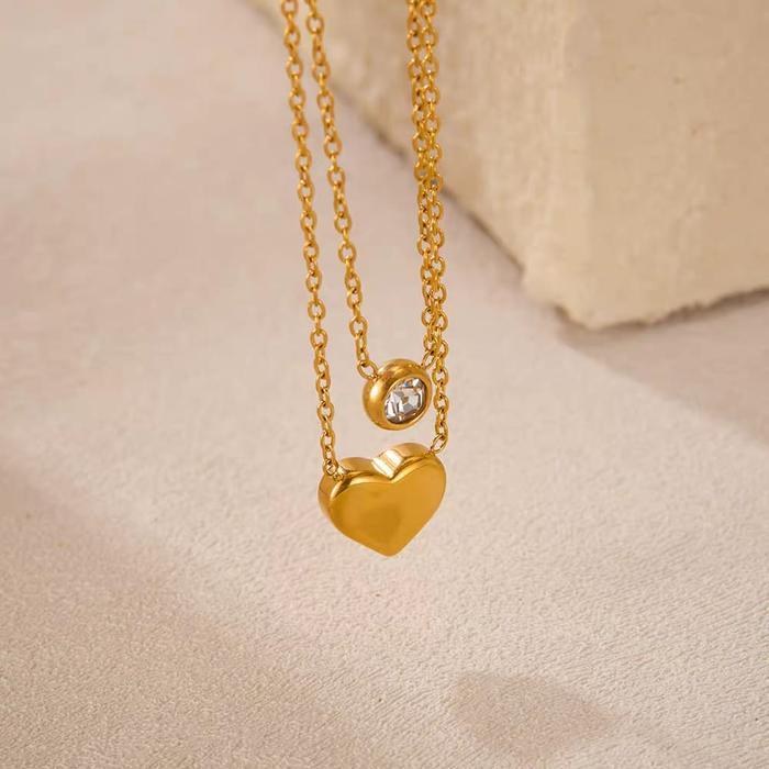 Kalung Titanium Dua Layer aksesoris Fashion Wanita Plus Liontin Love Permata Warna Gold Rosegold Dan