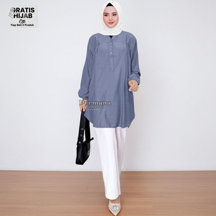 Baju Atasan Wanita Blouse Kemeja Lengan Panjang Abu-Abu Jumbo Dewasa Muslim Nyaman Formal Oversize