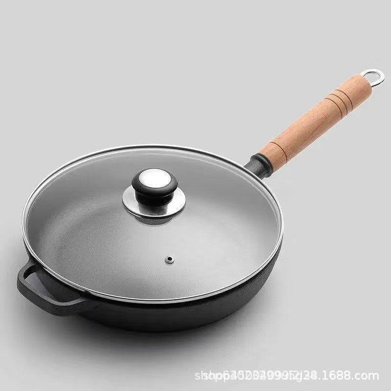 Cast iron flat bottomed pan, non stick pan, uncoated steak frying pan, gas stove, iron pan,