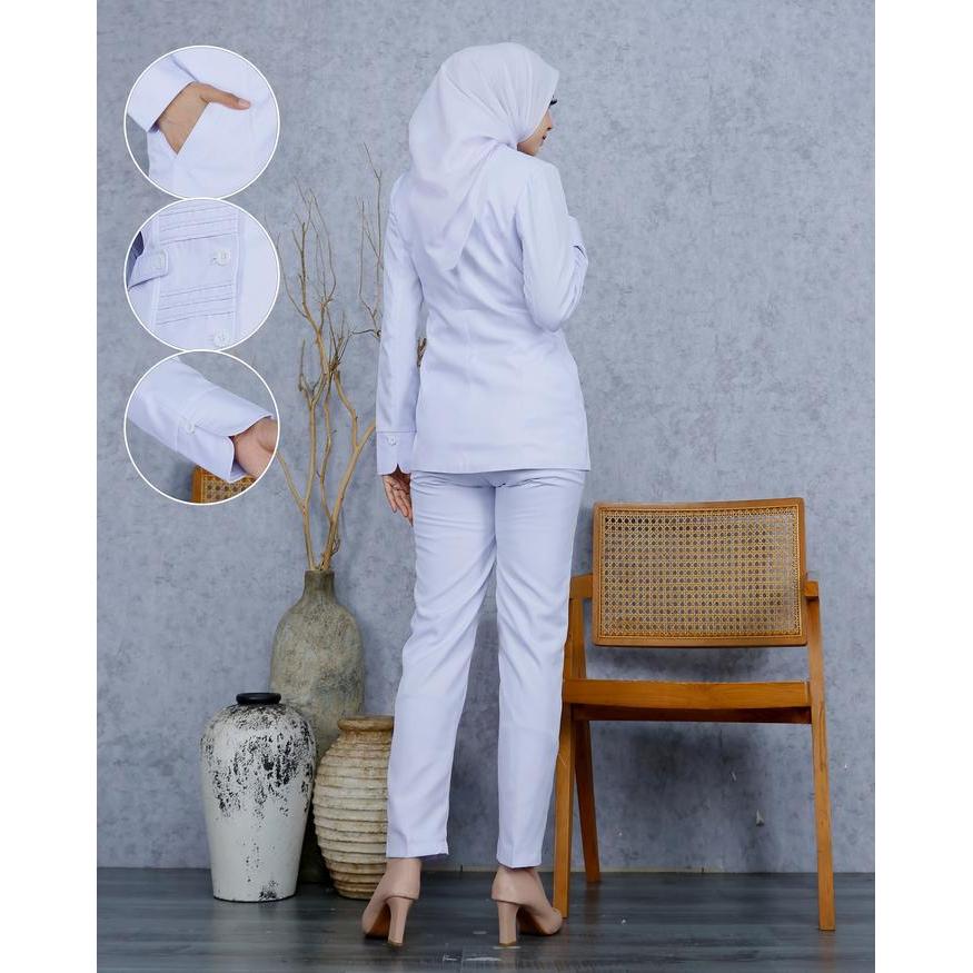 SERAGAM PUTIH-PUTIH PERAWAT STANDAR STIK GARIS WANITA SETELAN ROK SPAN/ROK.A/CELANA PANJANG KATUN