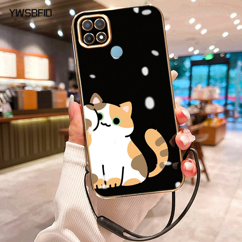 YWSBFID Casing Hp Untuk OPPO A15 A15s A35 Case Casing Cesing pola kucing lucu Kasing HP Kesing tali 