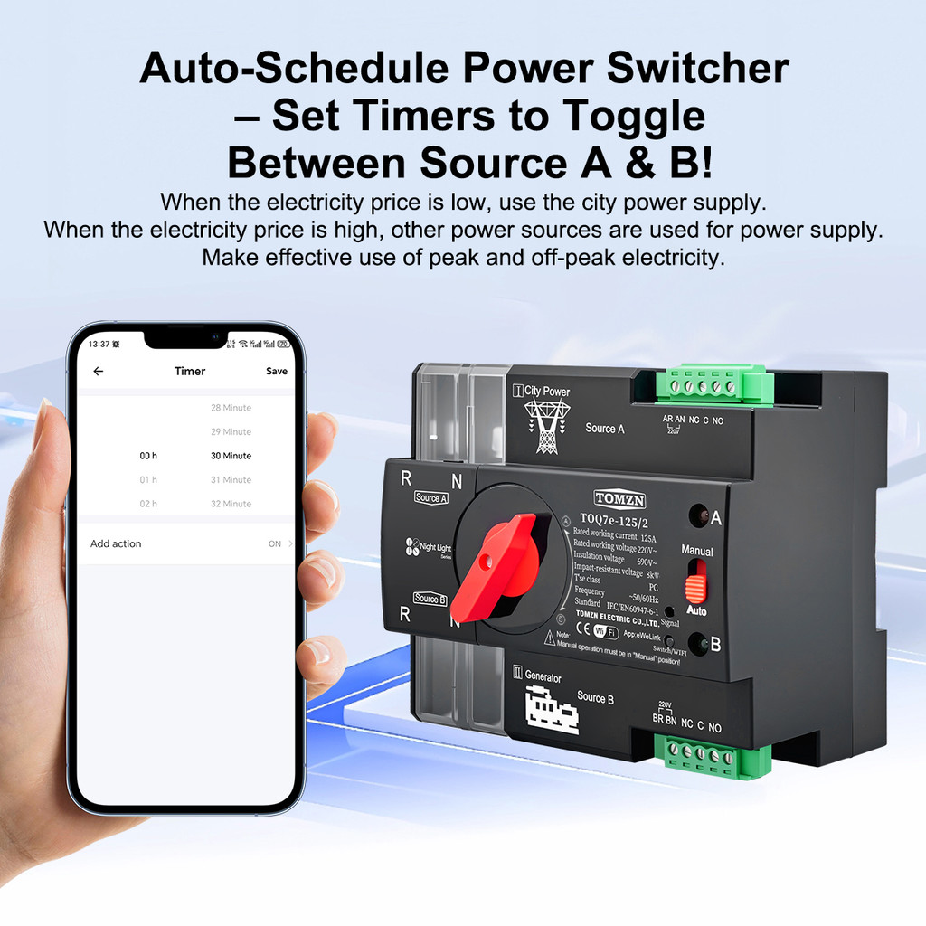 TOMZN Din Rail eWelink WIFI Smart ATS Timer 230V Dual Power Automatic Transfer Electrical Selector