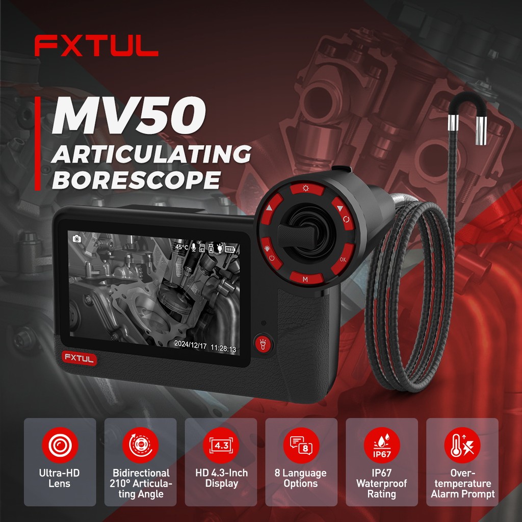 FXTUL MV50 Industrial Endoscope Camera 1080P Automotive Dual Camera 3.4 Inch Display 32GB Memory