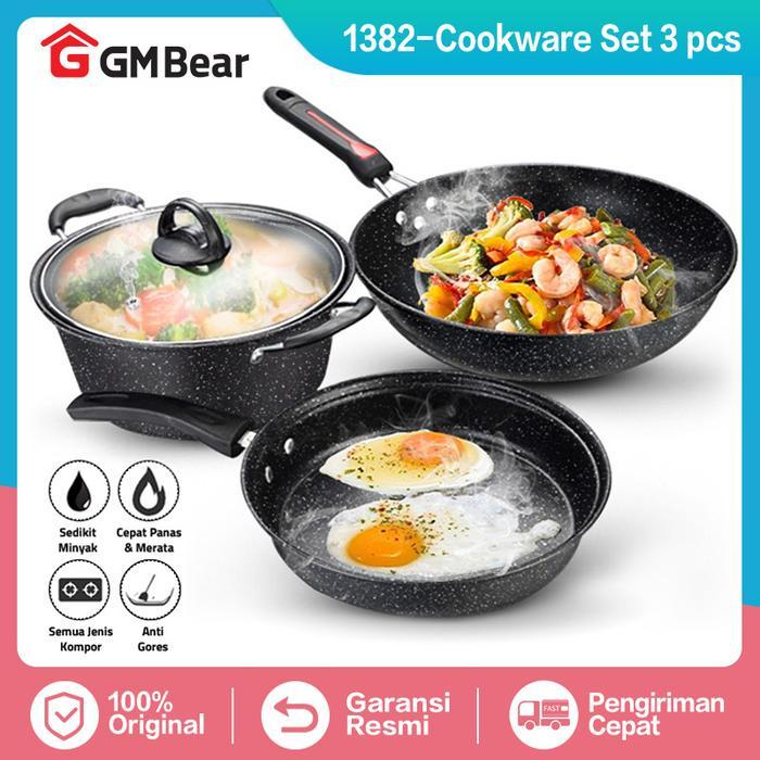 GM Bear Wajan Panci Set 3 pcs Marble Coating 1382 - Blaze Wajan Set