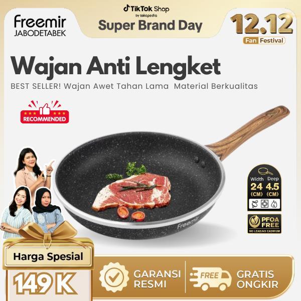 [Mall Day] Freemir Teflon Penggorengan 24 Cm Granit Kayu Set Wajan+Spons Wajan Anti Lengket